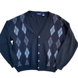 Vintage Van Heusen Mens Argyle Cardigan Sz L Black Button Academia Grandpa